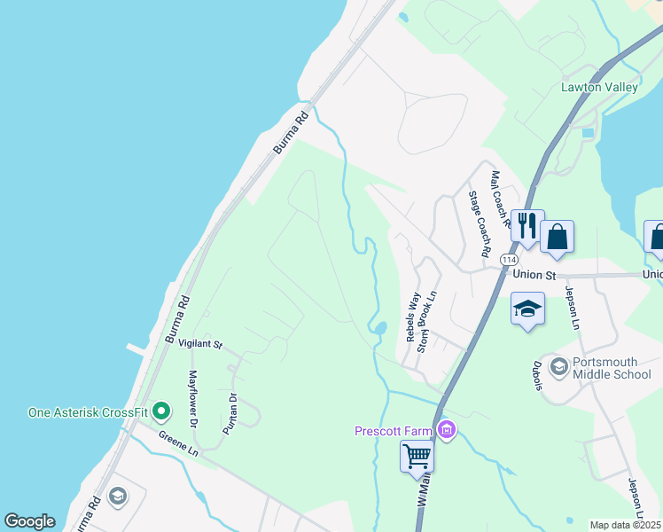 map of restaurants, bars, coffee shops, grocery stores, and more near 45 Freedom Trail Drive in Portsmouth