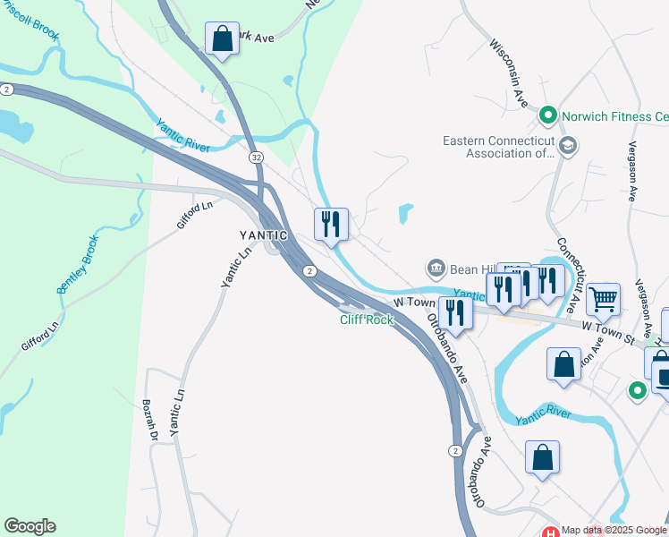 map of restaurants, bars, coffee shops, grocery stores, and more near 114 Yantic Road in Norwich