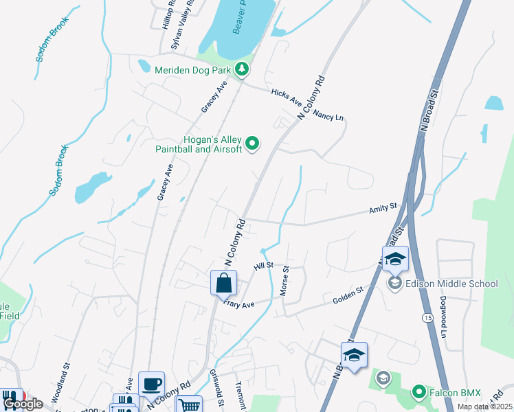 map of restaurants, bars, coffee shops, grocery stores, and more near 909 North Colony Road in Meriden