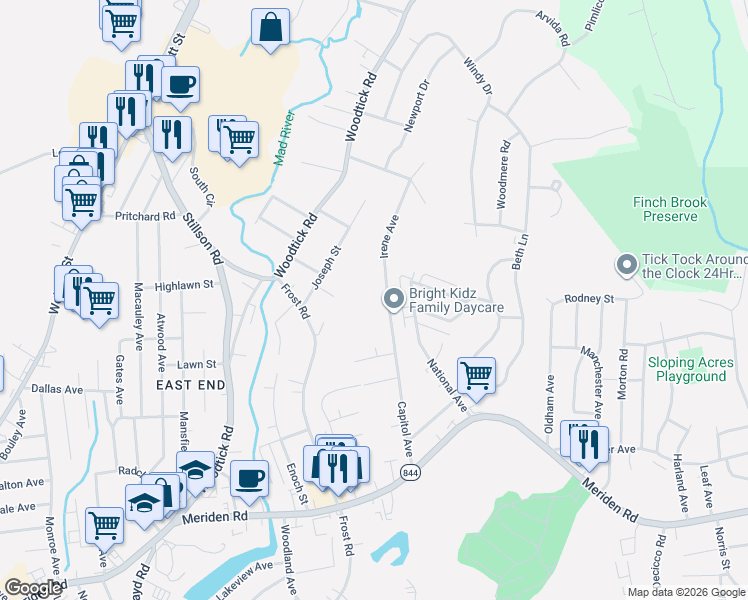map of restaurants, bars, coffee shops, grocery stores, and more near 259 Capitol Avenue in Waterbury