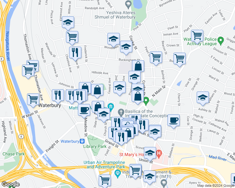 map of restaurants, bars, coffee shops, grocery stores, and more near 63 Prospect Street in Waterbury