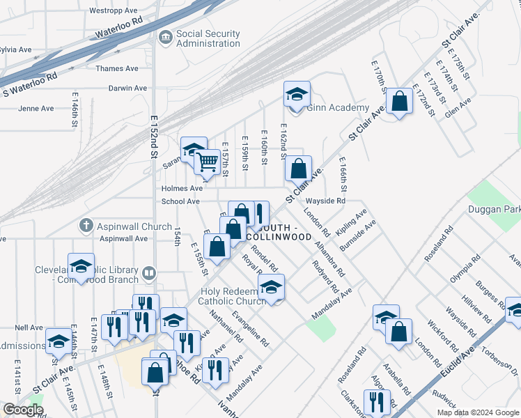 map of restaurants, bars, coffee shops, grocery stores, and more near 16025 Saint Clair Avenue in Cleveland
