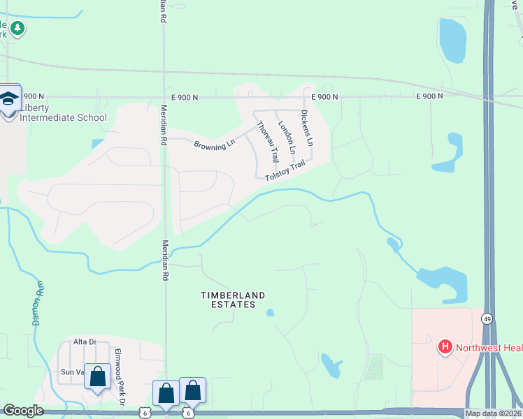 map of restaurants, bars, coffee shops, grocery stores, and more near 45 Tolstoy Trail in Valparaiso