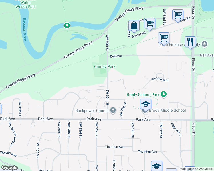map of restaurants, bars, coffee shops, grocery stores, and more near 3020 Fox Hollow Circle in Des Moines