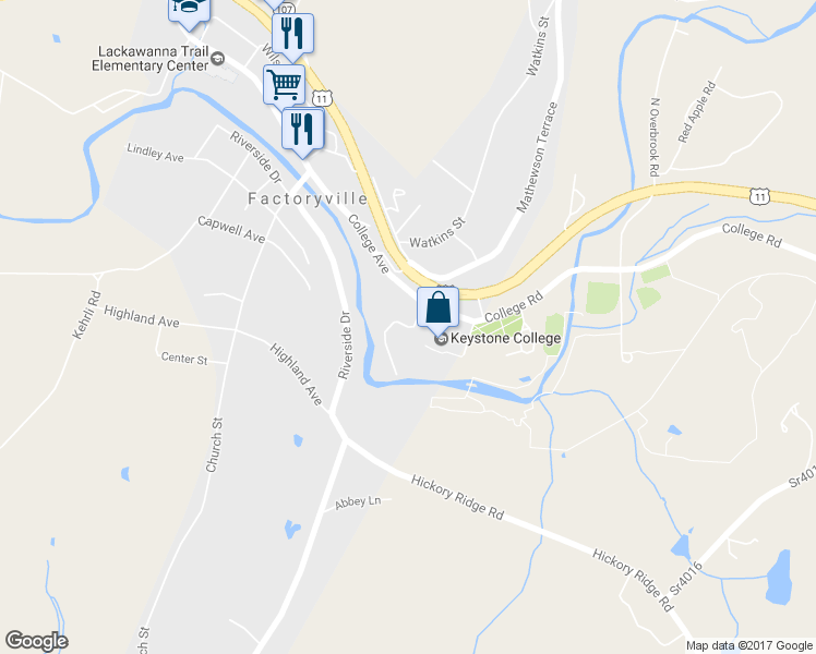 map of restaurants, bars, coffee shops, grocery stores, and more near Regina Way Street in Factoryville