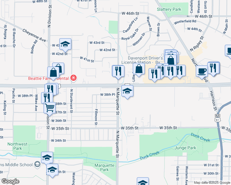 map of restaurants, bars, coffee shops, grocery stores, and more near 3801 North Marquette Street in Davenport