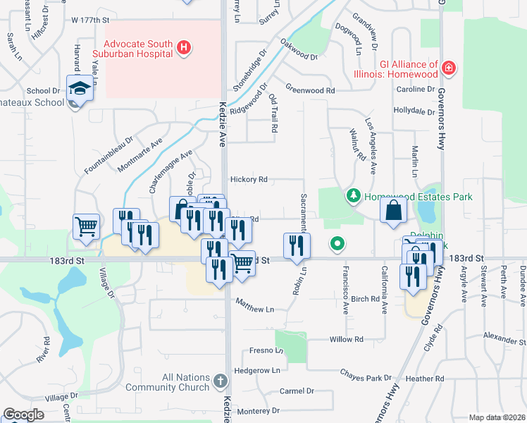 map of restaurants, bars, coffee shops, grocery stores, and more near 3064 Olive Road in Homewood