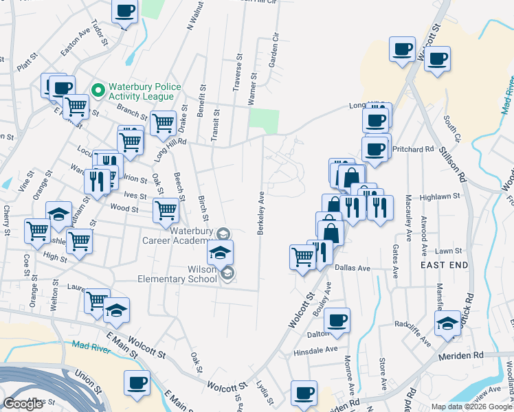 map of restaurants, bars, coffee shops, grocery stores, and more near 162 Berkeley Avenue in Waterbury