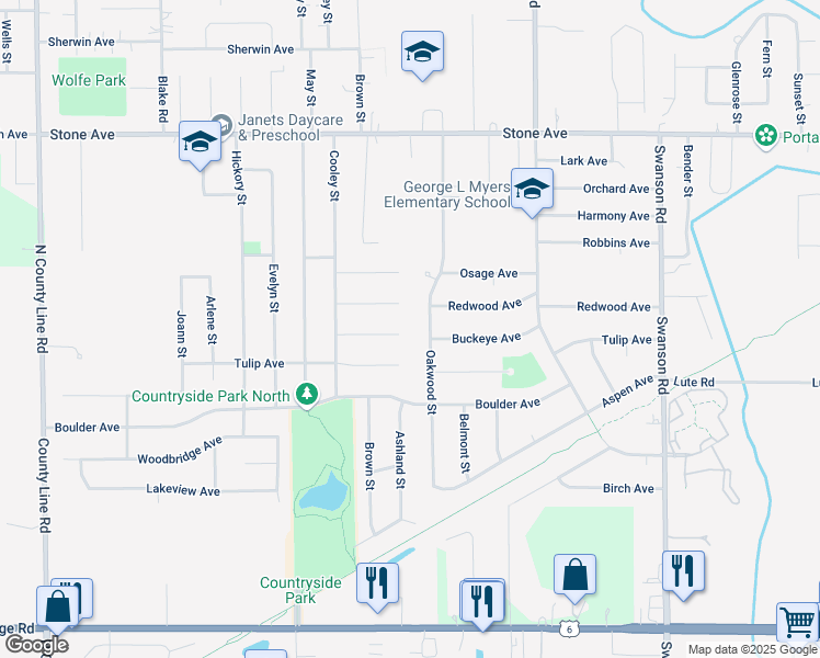 map of restaurants, bars, coffee shops, grocery stores, and more near 3211 Oakwood Street in Portage