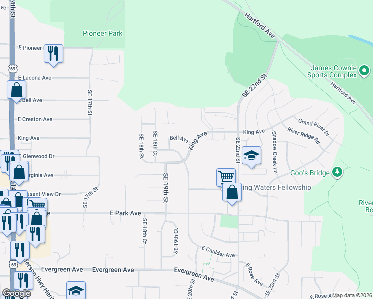 map of restaurants, bars, coffee shops, grocery stores, and more near 2002 Southeast King Avenue in Des Moines