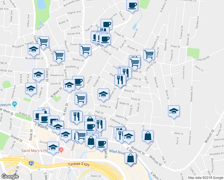 map of restaurants, bars, coffee shops, grocery stores, and more near 41 Putnam Street in Waterbury
