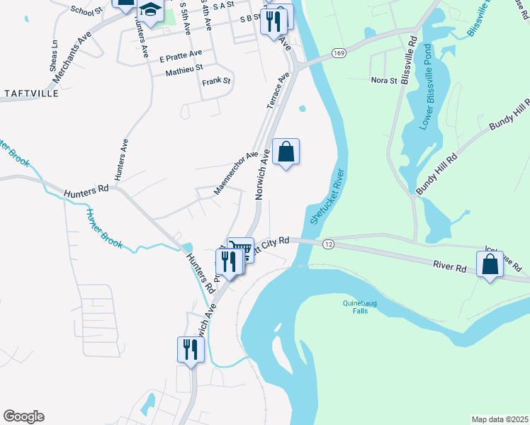 map of restaurants, bars, coffee shops, grocery stores, and more near 253 Norwich Avenue in Norwich