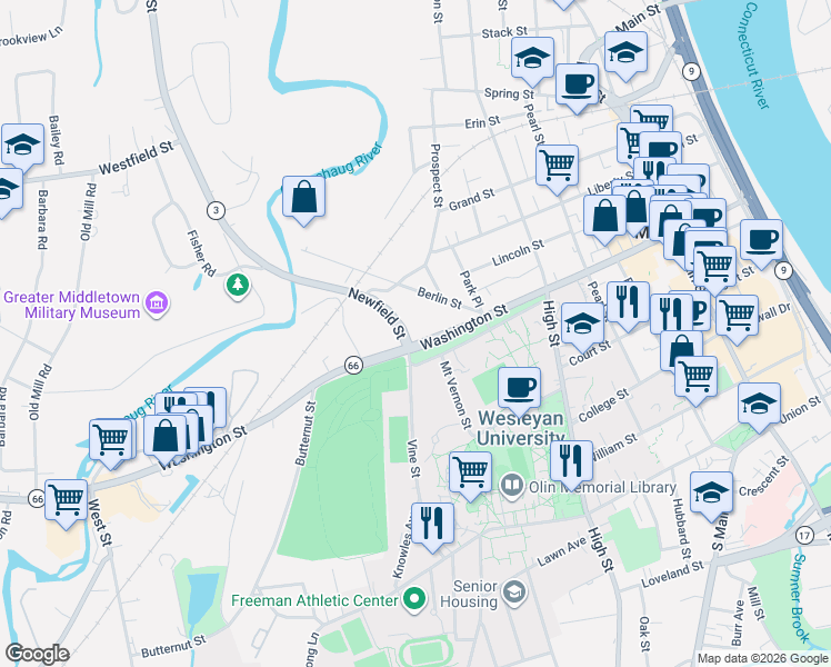 map of restaurants, bars, coffee shops, grocery stores, and more near 344 Washington Street in Middletown