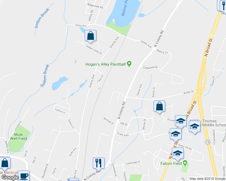 map of restaurants, bars, coffee shops, grocery stores, and more near 882 North Colony Road in Meriden