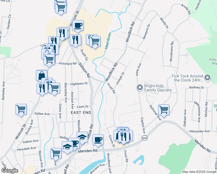 map of restaurants, bars, coffee shops, grocery stores, and more near 825 Frost Road in Waterbury