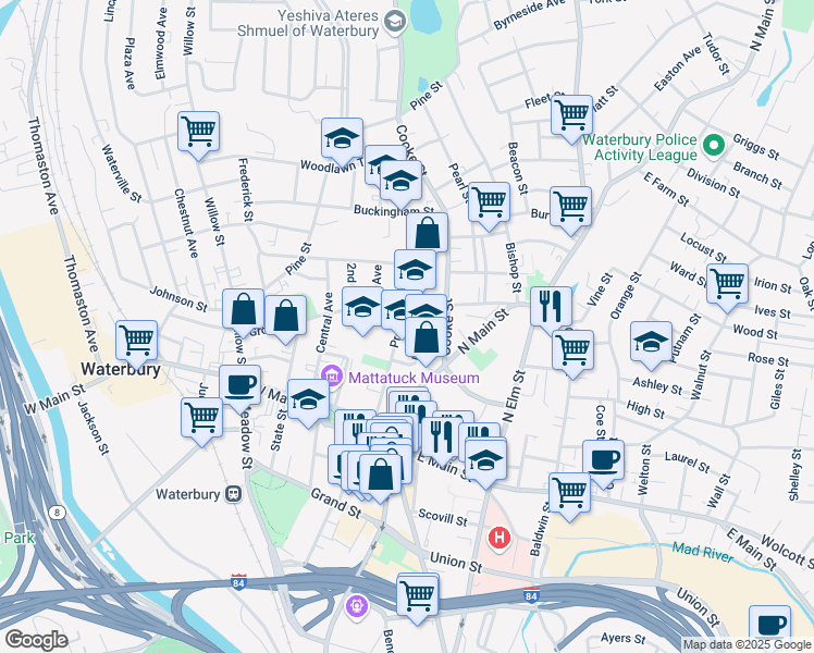 map of restaurants, bars, coffee shops, grocery stores, and more near 60 Linden Street in Waterbury