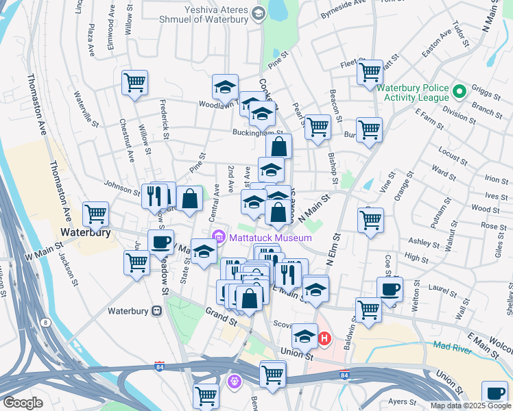 map of restaurants, bars, coffee shops, grocery stores, and more near 83 Prospect Street in Waterbury