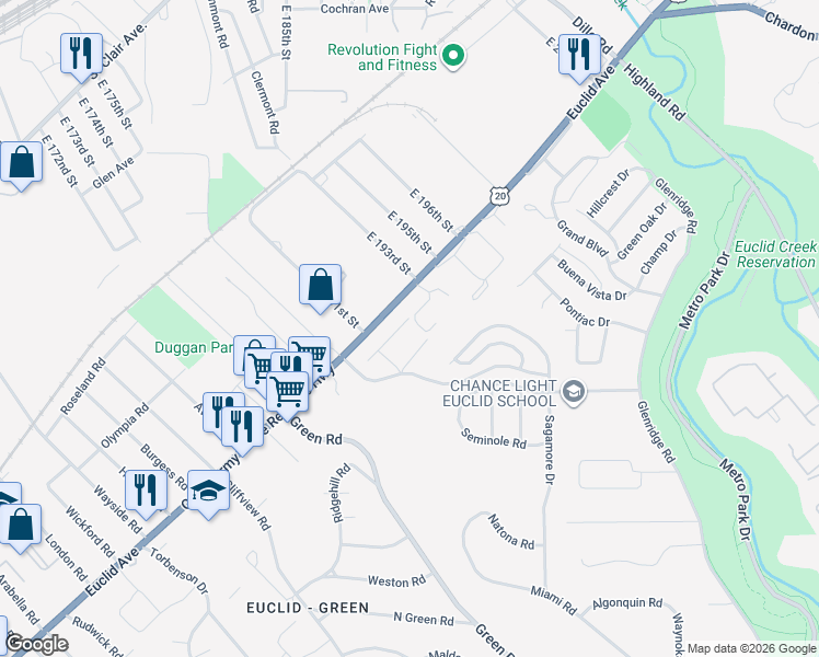 map of restaurants, bars, coffee shops, grocery stores, and more near 19229 Shawnee Drive in Euclid