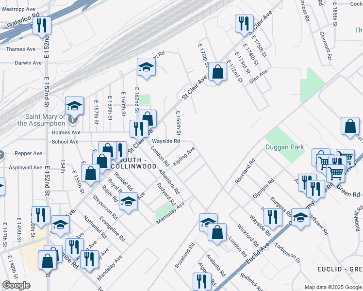 map of restaurants, bars, coffee shops, grocery stores, and more near 16440 Braddock Avenue in Cleveland