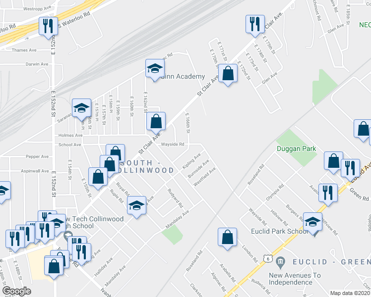 map of restaurants, bars, coffee shops, grocery stores, and more near 16440 Braddock Avenue in Cleveland