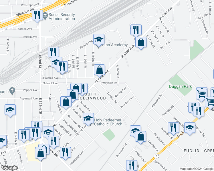 map of restaurants, bars, coffee shops, grocery stores, and more near 803 London Road in Cleveland