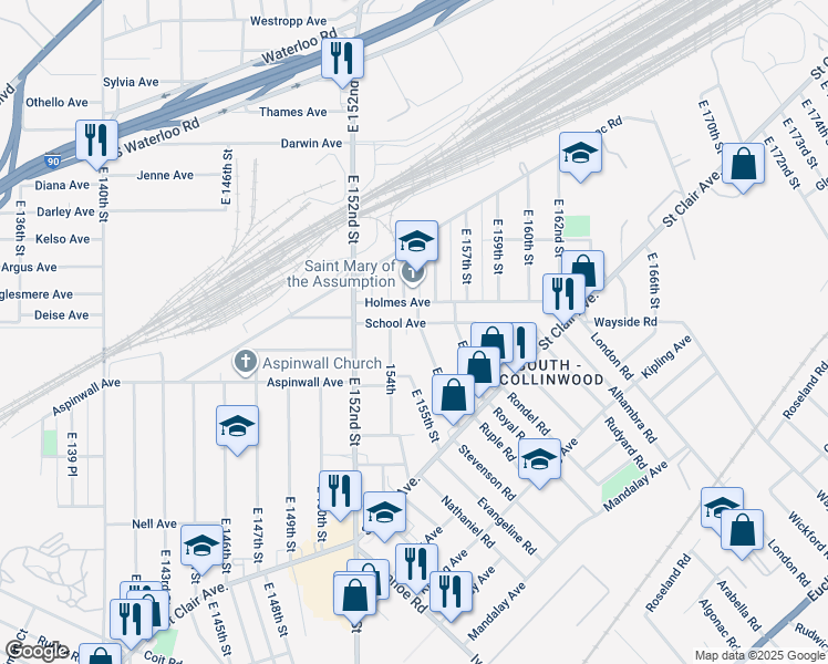 map of restaurants, bars, coffee shops, grocery stores, and more near 778 East 156th Street in Cleveland