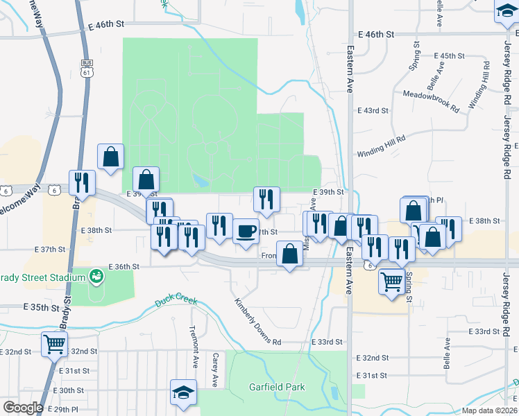 map of restaurants, bars, coffee shops, grocery stores, and more near 1222 East 37th Street in Davenport