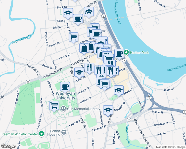 map of restaurants, bars, coffee shops, grocery stores, and more near 30 Pearl Street in Middletown