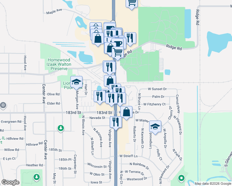 map of restaurants, bars, coffee shops, grocery stores, and more near Highway 1 in Homewood