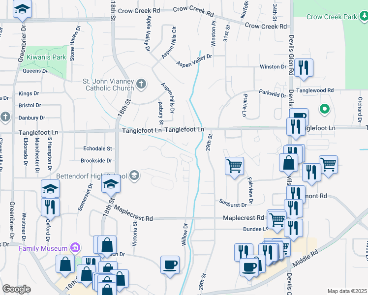 map of restaurants, bars, coffee shops, grocery stores, and more near 2835 Tanglefoot Lane in Bettendorf