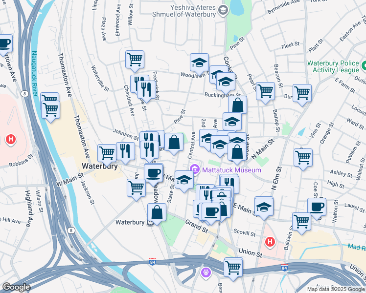 map of restaurants, bars, coffee shops, grocery stores, and more near 58 Holmes Avenue in Waterbury