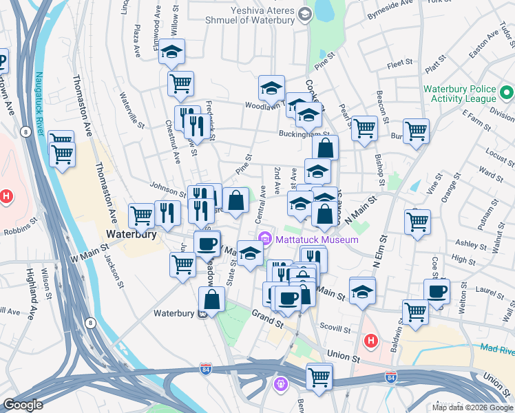 map of restaurants, bars, coffee shops, grocery stores, and more near 77 Central Avenue in Waterbury