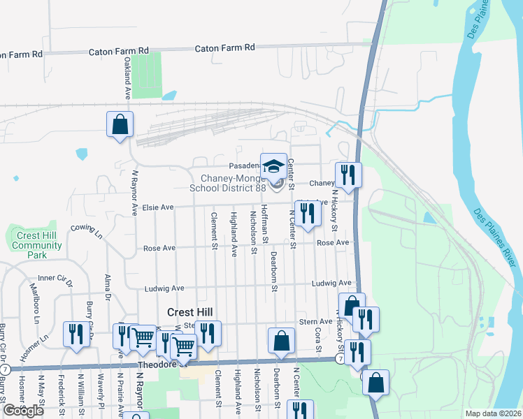 map of restaurants, bars, coffee shops, grocery stores, and more near 457 Elsie Avenue in Crest Hill