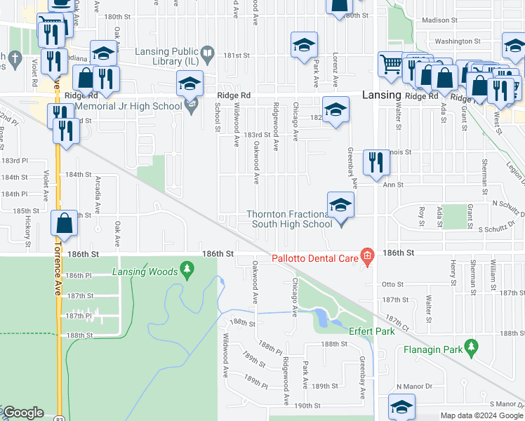 map of restaurants, bars, coffee shops, grocery stores, and more near 2908 185th Street in Lansing