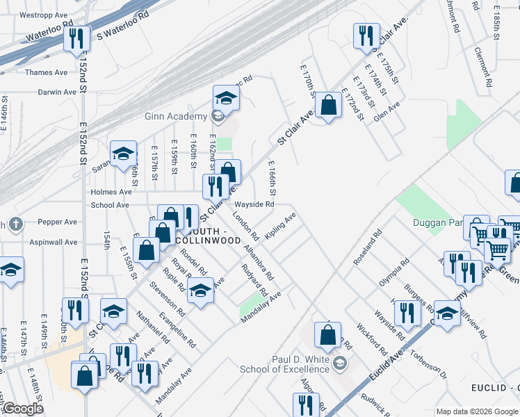 map of restaurants, bars, coffee shops, grocery stores, and more near 16440 Braddock Avenue in Cleveland