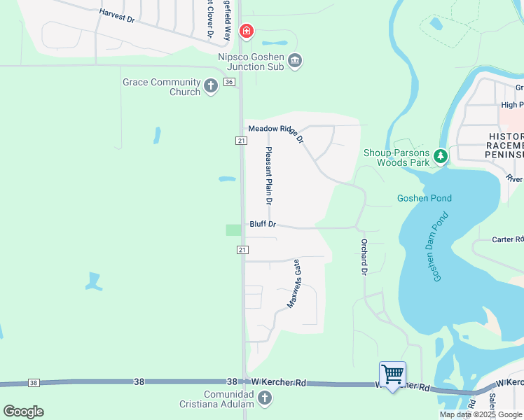 map of restaurants, bars, coffee shops, grocery stores, and more near 19939 Bluff Drive in Goshen