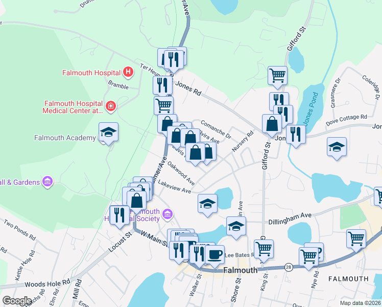 map of restaurants, bars, coffee shops, grocery stores, and more near 69 Davis Road in Falmouth