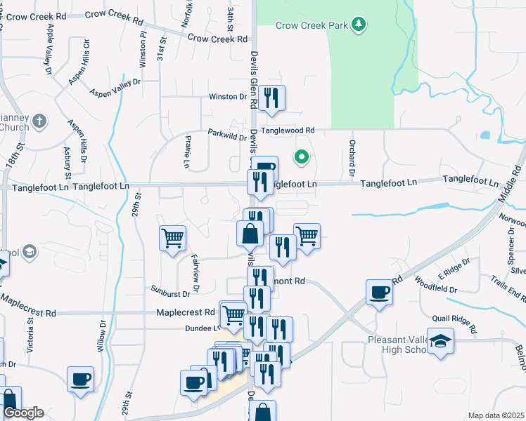 map of restaurants, bars, coffee shops, grocery stores, and more near 3563-3681 Devils Glen Road in Bettendorf