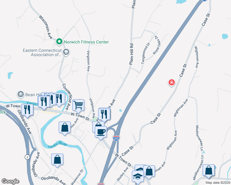 map of restaurants, bars, coffee shops, grocery stores, and more near 45 Huntington Avenue in Norwich