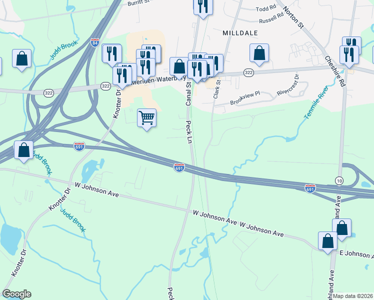 map of restaurants, bars, coffee shops, grocery stores, and more near 1986 Dickerman Road in Cheshire