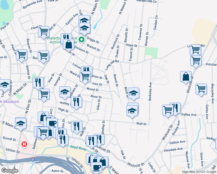 map of restaurants, bars, coffee shops, grocery stores, and more near 254 Wood Street in Waterbury