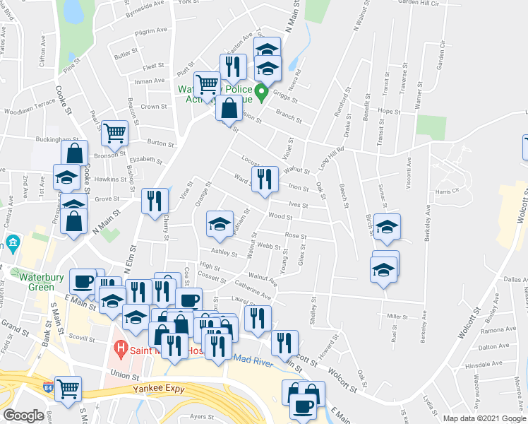 map of restaurants, bars, coffee shops, grocery stores, and more near 244 Walnut Street in Waterbury