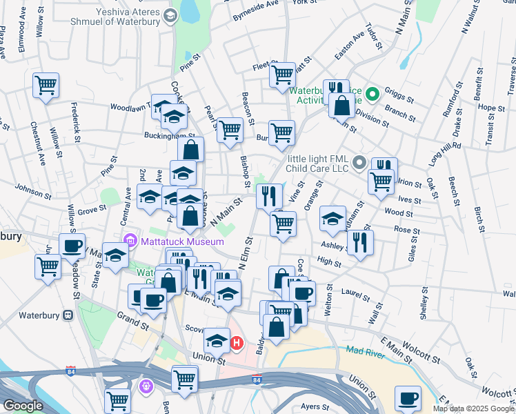 map of restaurants, bars, coffee shops, grocery stores, and more near 232 North Elm Street in Waterbury