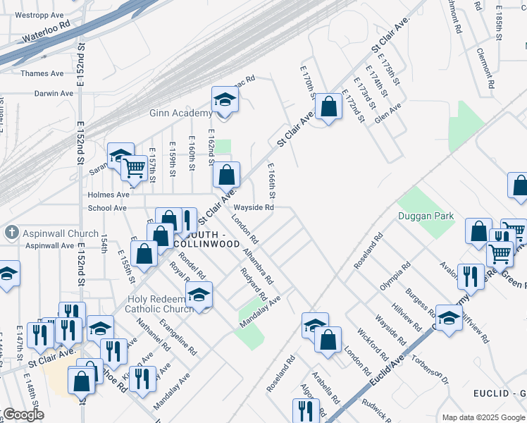 map of restaurants, bars, coffee shops, grocery stores, and more near 16440 Braddock Avenue in Cleveland