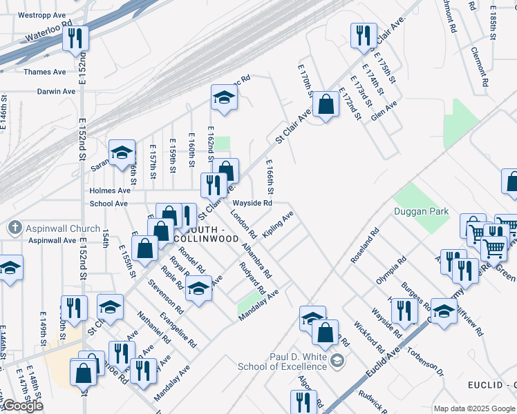 map of restaurants, bars, coffee shops, grocery stores, and more near 16440 Braddock Avenue in Cleveland
