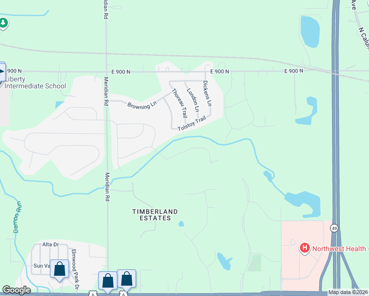 map of restaurants, bars, coffee shops, grocery stores, and more near 45 Tolstoy Trail in Valparaiso