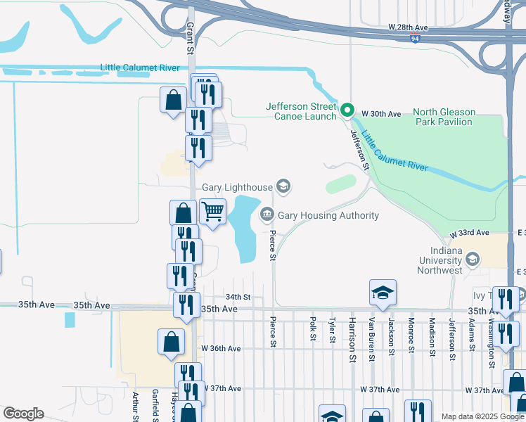 map of restaurants, bars, coffee shops, grocery stores, and more near 3201-3323 Pierce Street in Gary