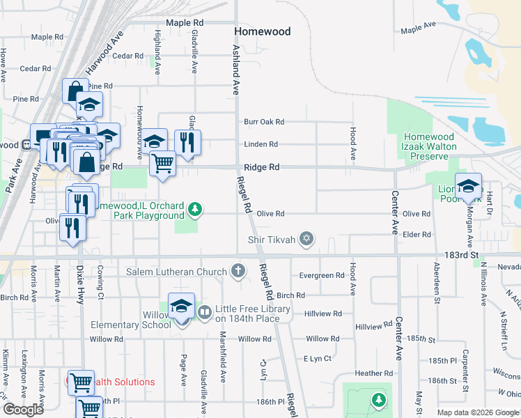 map of restaurants, bars, coffee shops, grocery stores, and more near 1521 Olive Road in Homewood