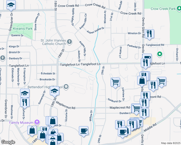 map of restaurants, bars, coffee shops, grocery stores, and more near 2835 Tanglefoot Lane in Bettendorf