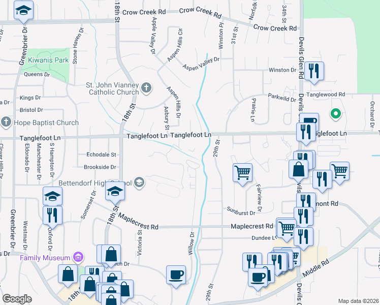 map of restaurants, bars, coffee shops, grocery stores, and more near 2835 Tanglefoot Lane in Bettendorf